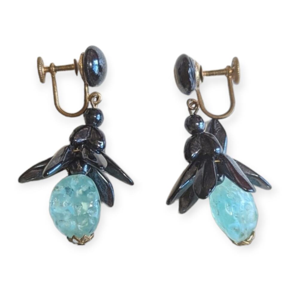 Vintage Blue Glass Flower Strawberry Hematite Look Earrings West Germany